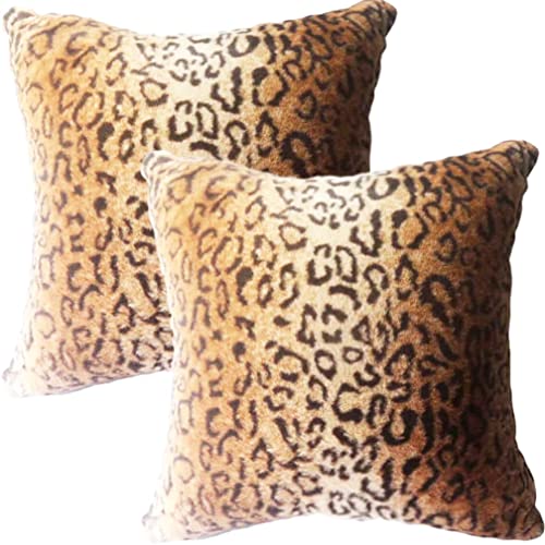 Image of Faux Fur Throw Pillows, Set of 2 Decorative Square Couch Pillow Covers, Leopard Cheetah Print Luxury Soft Plush Animal Pillowcase for Sofa, Bedroom Living Room Decor, 18x18, Brown
