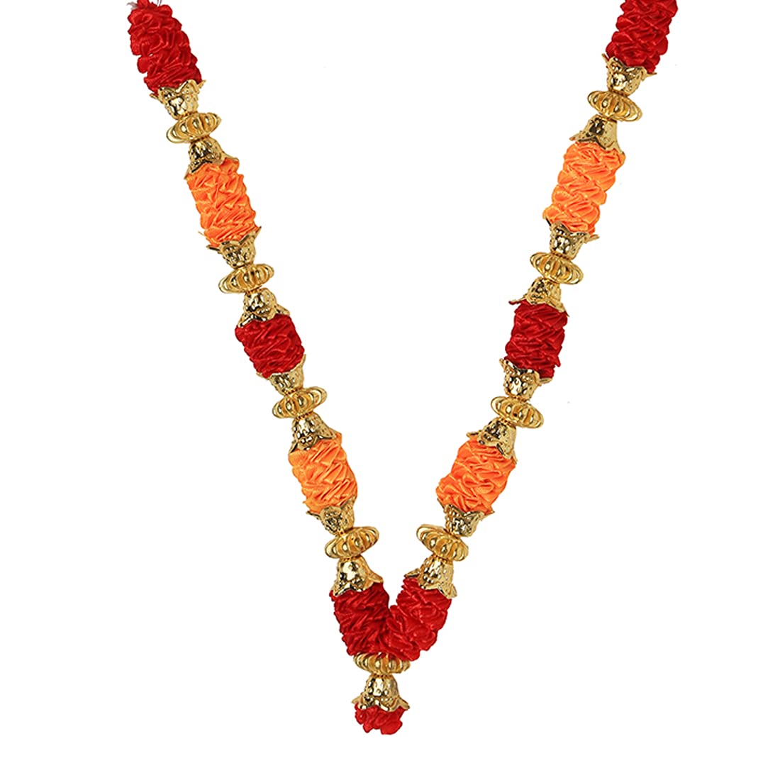 Set Di 4 Ghirlande Artificiali Mala Per Decorazione Pooja - Nastri Rossi/Orange E Perle Bianche - Arancio