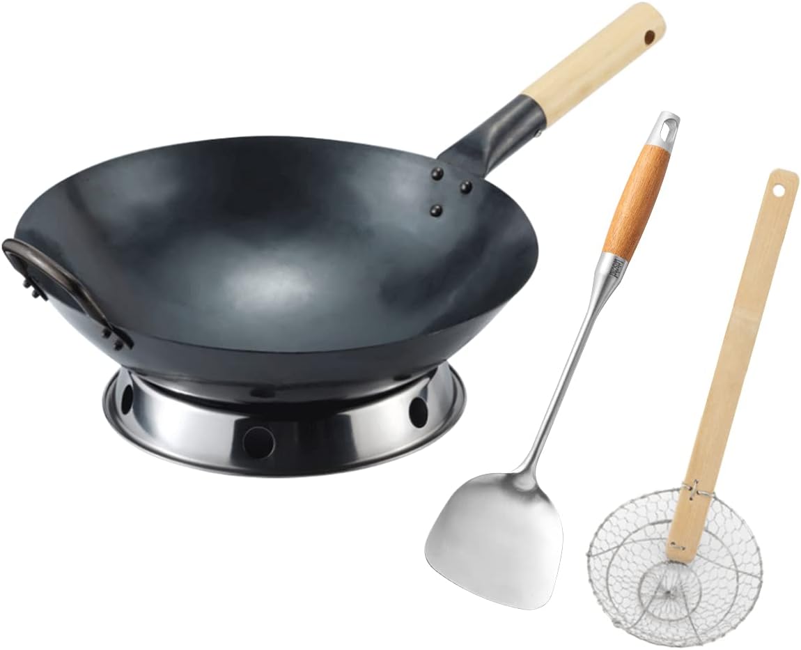 Carbon Steel Pow Wok Set,14inch Woks And Stir Fry Pans Hand Hammered Chinese Wok Round Bottom With Ring,Spatulas,And Cooking Skimmer 4-pieces Wok Set No Chemical Coated Wok Pan
