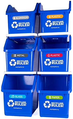 Recycling Rules 6 Gallon Stackable Recycling Bin Container In Blue, Eco-Friendly Bpa-Free Handy Recycler With Handle, 6-Pack With Stickers #TOP1