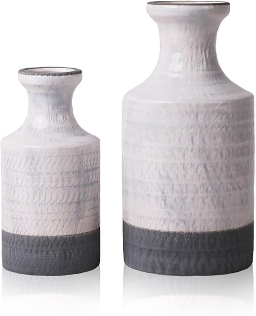 TERESA'S COLLECTIONS 2PCS Grey White Vase for Flowers, Modern Ceramic Vase for Pampas Grass, Decorative Glazed Pottery Vase for Home Decor, Living Room, Bedroom and Mantel, 16cm/20cm Tall
