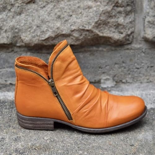 Womens Ankle Bootie Low Heel Side Zipper Booties 2025 Vintage Leather Boots Winter Dressy Wide Width Round Toe Shoes3