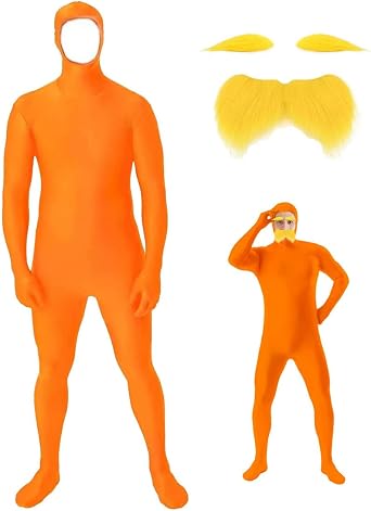 Orange Bodysuit Jumpsuit Yellow Mustache and Eyebrows Halloween Costume Set for Halloween Christmas Party Cosplay