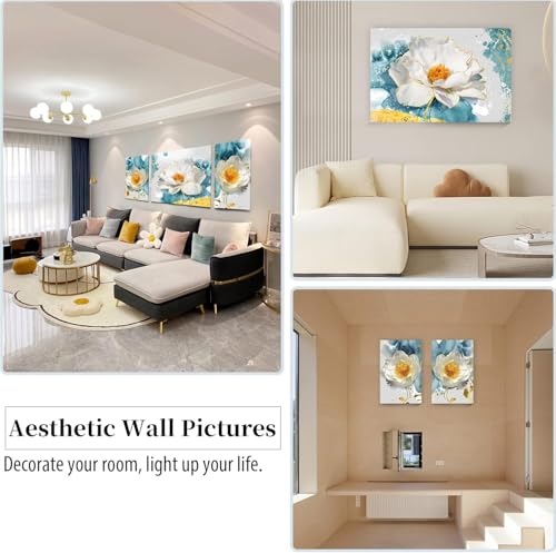 SERIMINO Peony Flower Canva Wall Art for Living Room, Modern White Blossom Artwork Blue Floral Picture Wall Decor for Bedroom Bathroom Kitchen Dining Room Prints Paintings for Home