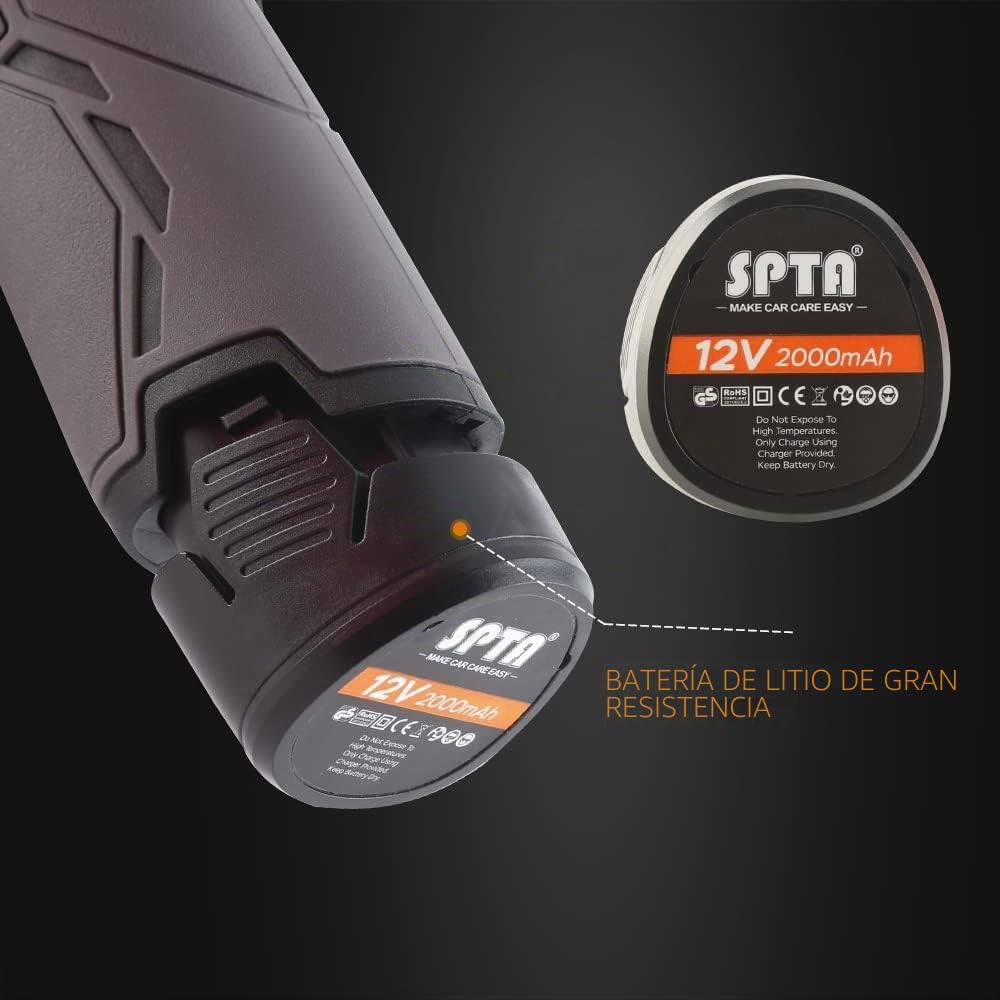 SPTA Pulidora inalámbrica para coche, pulidora con 2 piezas de batería recargable de litio de 12 V, pulidora sin escobillas con velocidad variable, pulidora portátil con kit de almohadillas de pulido