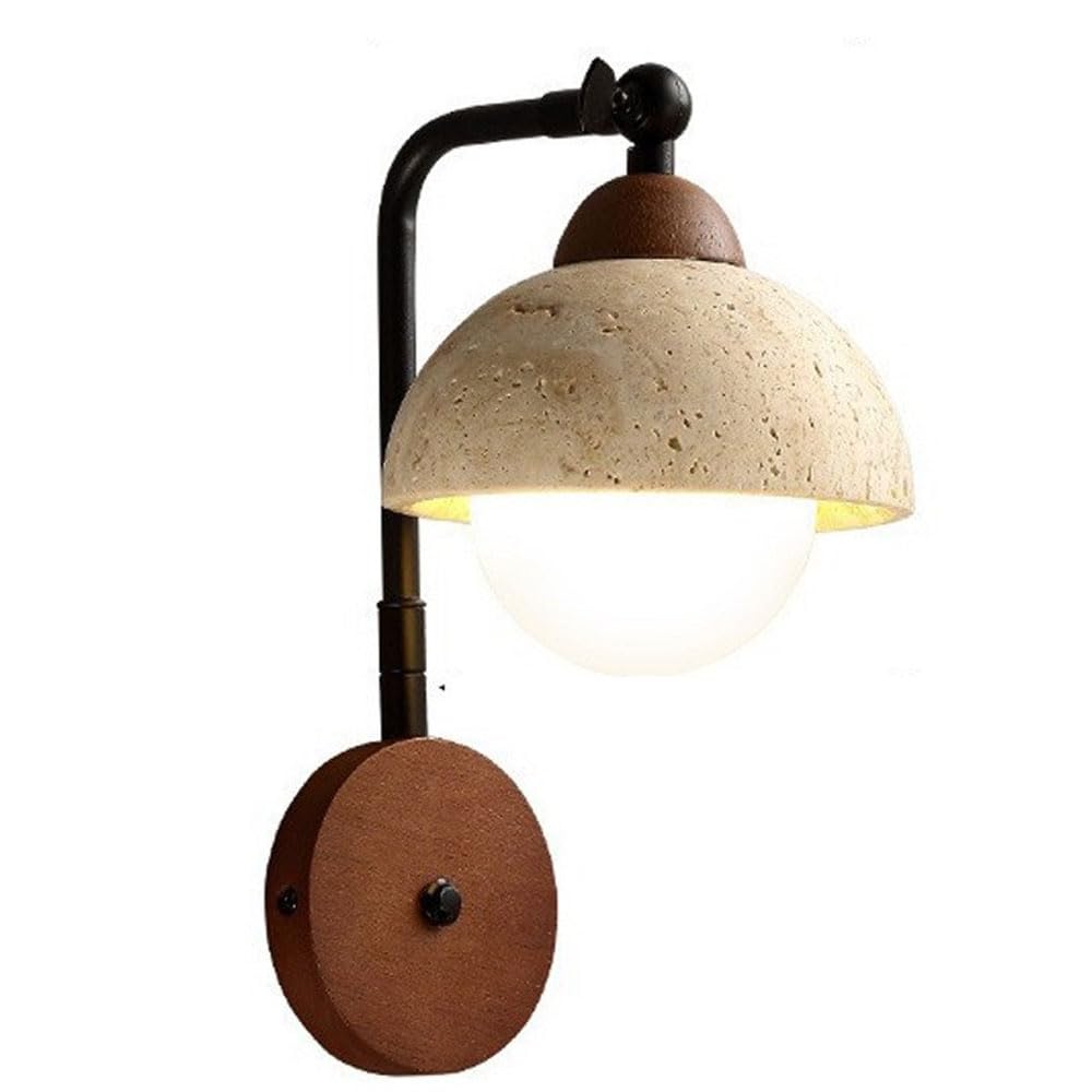 JISHUBO G9 Light Source Spherical Glass Wall Sconce, Natural Yellow Travertine Wall Lamp, Industrial Style Indoor Wall Light, Restaurant Bedroom Living Room Decoration Light Fixtures