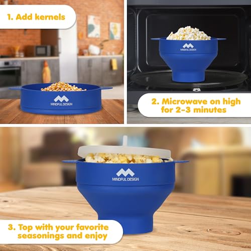 Image of The Original Mindful Design Collapsible Microwave Popcorn Popper - Silicone Bowl, BPA-Free & Dishwasher Safe (Blue)
