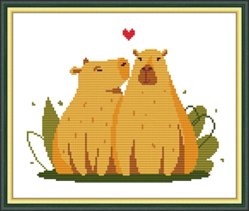 CaptainCrafts New Cross Stitch Kits Embroidery Kit Full Range Cute Animals Pre-Printed and Counted Fabrics Kits for Adults Beginners Home Decor (Stamped 14CT, Capybara)