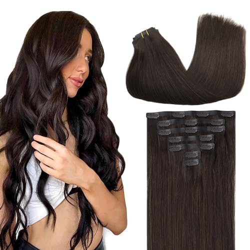 Image of GOO GOO Clip in Hair Extensions Real Human Hair, Remy Human Hair Extensions Clip ins for Women, Natural Human Hair, 14inch 110g 7Pcs, 2A Light Brown
