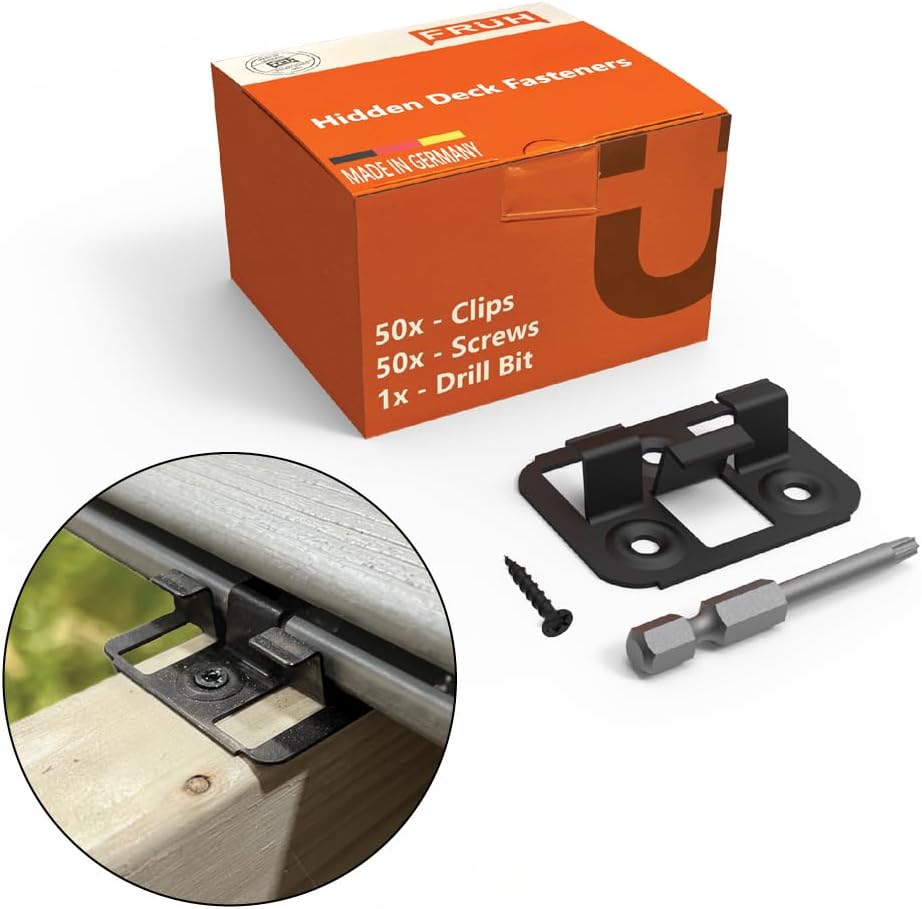 Hidden Deck Fasteners for Composite Deck Boards โ 6.5mm / 0.255" Groove Height - Heavy Duty Black Galvanized Steel - Includes Drill Bit and Composite Deck Screws to Attach Deck Clips