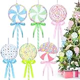 6 Pcs Pastel Lollipop Candy Land Christmas Ornaments Set, Assorted Cute Macaron Color Flat Lollipop Dessert Hanging Pendant Decorations for Xmas Tree, Kids Birthday Party, Home Holiday Decor Supplies