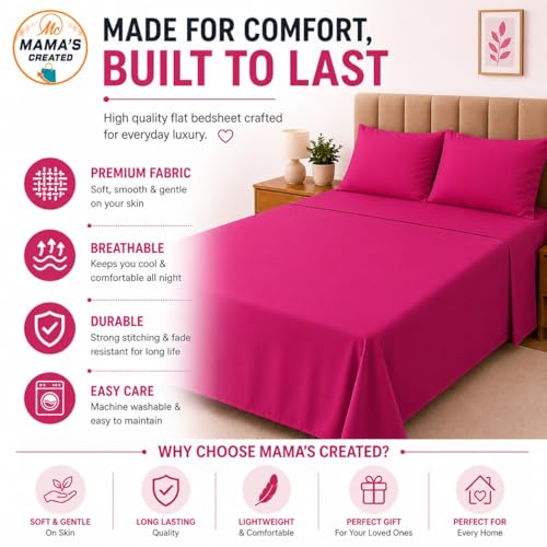 Image of Double Size Bed Sheet - 600 Thread Count Single Flat Sheet Only - Long Staple Egyptian Cotton Top Sheet Wrinkle & Fade Resistant - Hot Pink