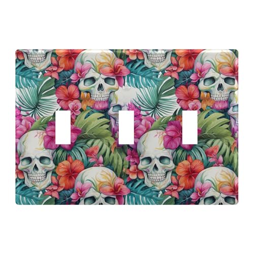 Light Switch Cover Tropical Flower Skull Wall Plates for Electrical Outlets 3 Gang 202b3364
