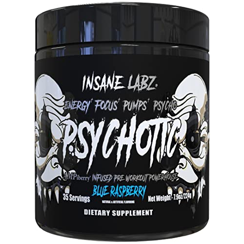 Insane Labz Psychotic Black Edition Mid Stimulant Pre Workout Powder Energy Focus Pumps Loaded with Creatine Beta Alanine Taurine Fueled by AMPiberry 35 Servings (Blue Raspberry)