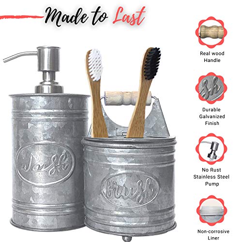 Autumn Alley Rustic Farmhouse Galvanized Bathroom Accessories Set (4 PCS) - Lotion Soap Dispenser, Toothbrush Holder, 2 Apothecary Jars (Qtip Holder) - Rustic Farmhouse Bathroom Decor