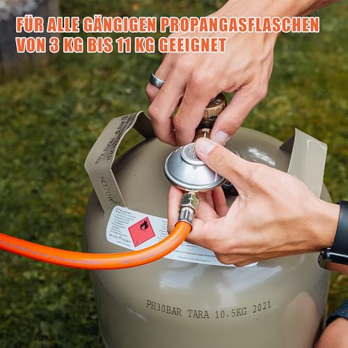 DOMINOX 1.5m Gasschlauch mit 50mbar Gasdruckregler, Industrial Gasschlauch 150cm mit Schelle 2×1/4 lks und 50mbar Druckminderer