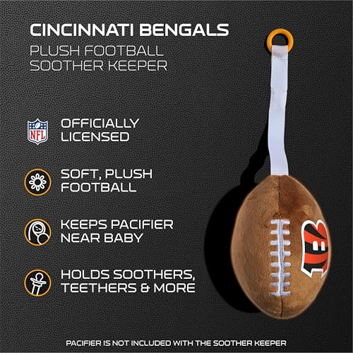 Image of Cincinnati Bengals Plush Football Pacifier Holder by Smilo - Officially Licensed NFL Soother Holder - Soft Plush Toy and Dummy Holder - Fits Any Pacifier - Stroller Accessory & Newborn Essential