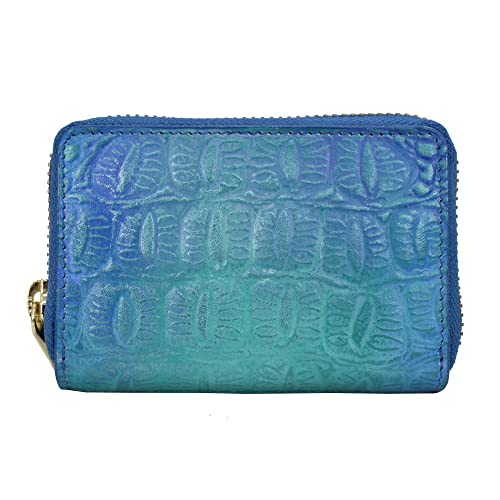 Image of Anuschka Women's Hand-Painted Genuine Leather Accordion Style Credit and Business Card Holder - Croco Embossed Peacock