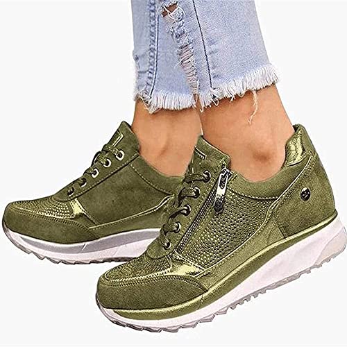 Casual Sneakers for Plantar Fasciitis Women Comfortable Orthopedic Wedge Trainers Walking Shoes Memory Foam with Zipper Lace Up Anti Slip Shoes (Color : Green, Size : 43 EU)