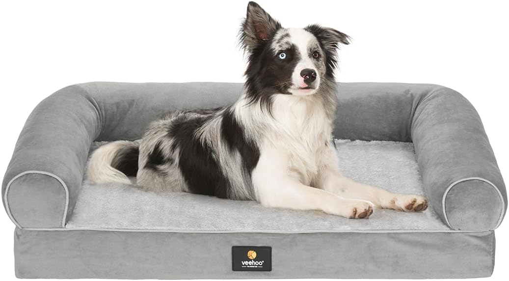 ( brown /grey color) Veehoo Orthopedic Dog Beds for Large Sized Dogs - Large Dog Sofa Bed with Bolsters, Big Pet Couch Bed with Removable Washable Cover & Nonslip Bottom, Grey L(35" x 26" x 6.5") Grey