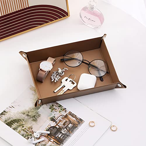 Emibele Valet Tray, Mens Women Pu Leather Tray Catchall Tray Desktop Jewelry Storage Tray For Wallet Coin Phone, Key Tray For Entryway Table Bathroom, Rectangle, Brown #TOP1