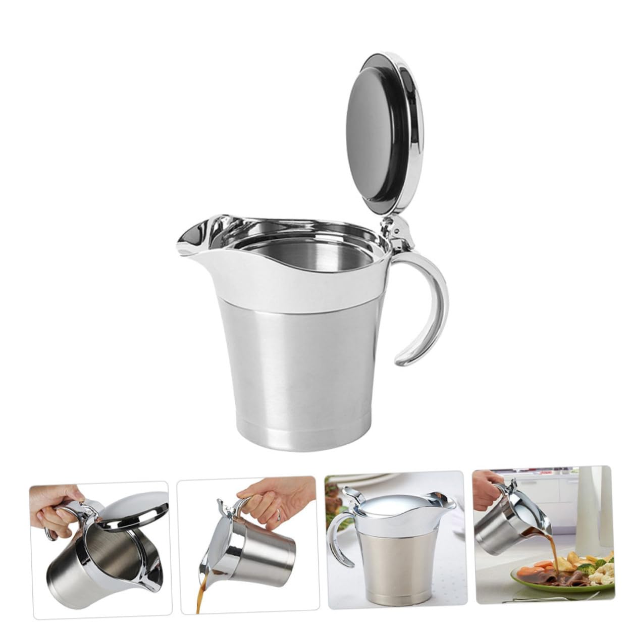 Zerodeko Pot à Sauce Inox 304 Double Paroi 450 Ml Couvercle en Acier Inoxydable Distributeur Isolant pour Restaurant la Cuisine Maison