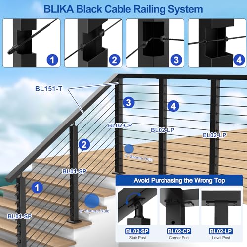 Image of BLIKA 42 inch Level Drilled Cable Railing Post(Post 41 inchx2 inchx2 inch), Flat Top Surface Mount Deck Post, Stainless Steel Black Powder Coated Finish Cable Handrail Post for Deck Railing, BL02-LP