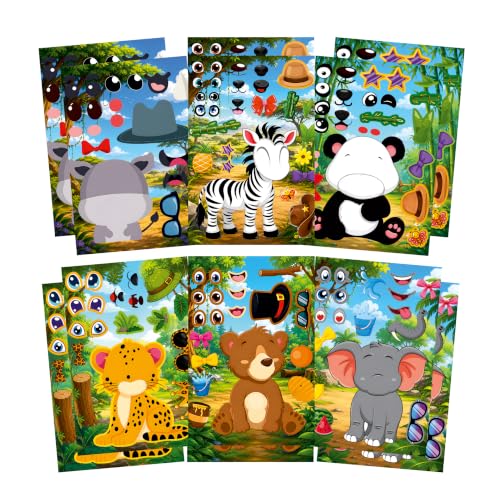 Image of CodersParadise Jungle Animal Make-a-Face Sticker Activity Set, 12 Sticker Sheets, Zebra, Panda, Elephant, Leopard, Bear & Raccoon Face Stickers, DIY Craft for Kids, Birthday Party Favors