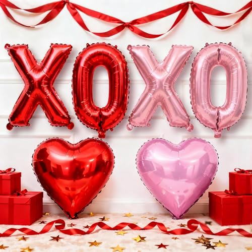 Image of Red XOXO Heart Balloons 6 Pcs Valentines Day Balloons Red Pink Gold Heart Shaped Balloon XOXO Balloon Letters for Girls Women Anniversary Sweet Valentine Day Romantic Decor Special Night Party