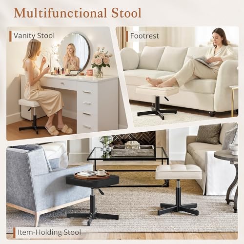 Image of LUE BONA Adjustable Vanity Stool, 15''-19.5'' Foot Rest Under Desk, 360 Swivel Vanity Chair for Makeup Room, Cream Upholstered Faux Leather Ottoman for Bathroom & Living Room, 300lbs