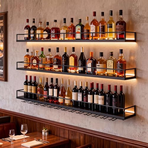 Portabotellas de Pared con Luces LED y Portavasos - Exhibidor de 3 Estantes para Vino,Estructura Metálica Resistente | Organizador Colgante Ideal para Home Bar,Cafeterías, Restaurantes (negro, 140cm)