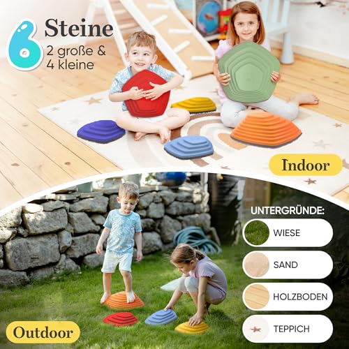Stapelsteine Balanciersteine für Kinder - fördert Gleichgewicht, Balance & Koordination - vereint Bewegungsspiele & Gartenspielzeug - für Indoor, Outdoor & Garten - Flusssteine - Stepping Stones