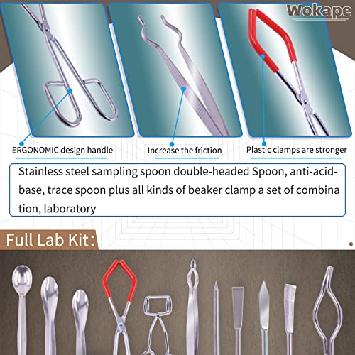 Wokape 13Pcs Scientific Labwares Essential Lab Tools Starter Pack Kit - Test Tube Tweezers, Crucible Tong, Lab Crucible Tongs, Breaker Tong, Test Tube Clamp, Double-Ended Spatulas #TOP3