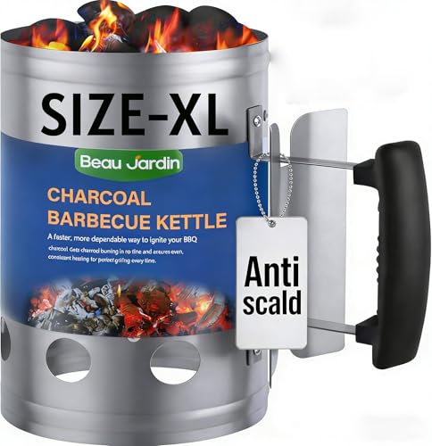 BEAU JARDIN Charcoal Chimney Starter 11"X7" Grill Barbecue BBQ Galvanized Steel Chimney Lighter...