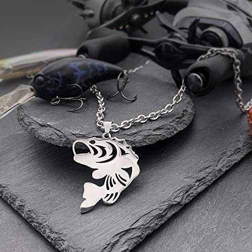 Wchama Bass Fishing Pendant Necklace for Men Women Largemouth Fish Fisherman Stainless Steel Charm Chain Jewelry2