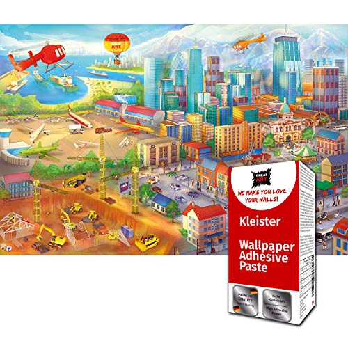 GREAT ART Photo Wallpaper Comic Style City Decoration 132.3x93.7in / 336x238cm – Kid's Room Nursery Radio City Hidden Objects Construction Site Mural – 8 Pieces Includes Paste