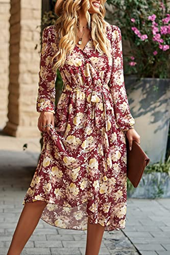 Image of PRETTYGARDEN Women's Floral Boho Dress Fall Long Sleeve Wrap V Neck Ruffle Flowy Maxi Spring Wedding Guest Vacation Dresses