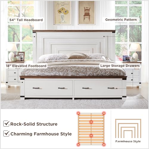 RedLemon-Farmhouse-Queen-Size-Bed-Frame-w-54-Tall-Geometric-Headboard-Rustic-Wood-Platform-Bed-w-2-Large-Storage-Drawers-Wood-Slats-Support-Noise-Free-No-Box-Spring-Needed-Antique-White RedLemon Farmhouse Queen Size Bed Frame w 54 Tall Geometric Headboard Rustic Wood Platform Bed w 2 Large Storage Drawers Wood Slats Support Noise Free No Box Spring Needed Antique White