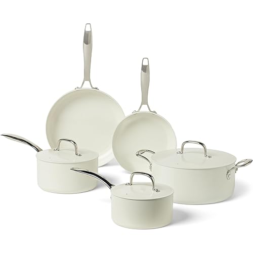Amazon Basics Ceramic Nonstick Cookware, 8-Piece Set of Pots and Pans, Dishwasher and Oven-Safe, All Cooktop Friendly, Ivory