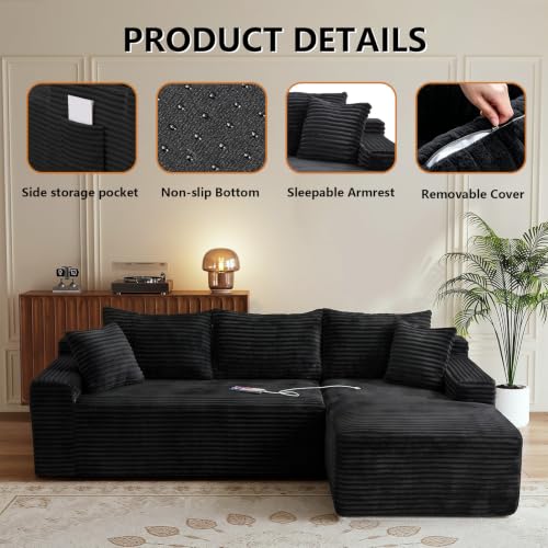 Image of 106.3 inch L Shaped Boneless Sectional Corduroy Couches for Living Room (Black)