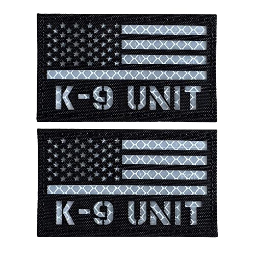 2 Pack Reflective K9 Unit Patch US Flag with Hook Back for Service Harness Tactical Vest Collar Hook-Fastener Backing (Black-White)