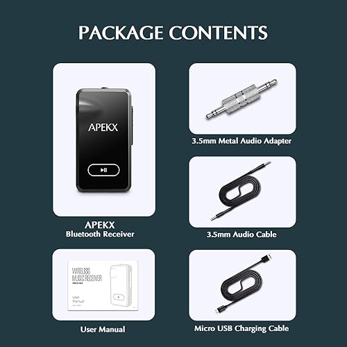 Miniatura 6 de APEKX Adaptador Bluetooth para automóvil, receptor de audio auxiliar inalámbrico de alta fidelidad de 0.138 in con batería de 15 horas, para estéreo