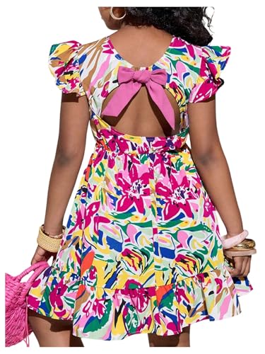 Girl's Floral Dress Bow Back Ruffle Summer Dresses Cap Sleeve A Line Vocation Cute Dresses for Girls 10-12