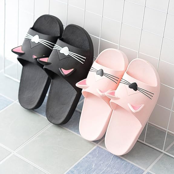 AioTio Katzen Schlappen Pantoffel Damen Bequem Rutschfeste Badelatschen Mädchen Weich Slipper (38/39EU) Schwarz