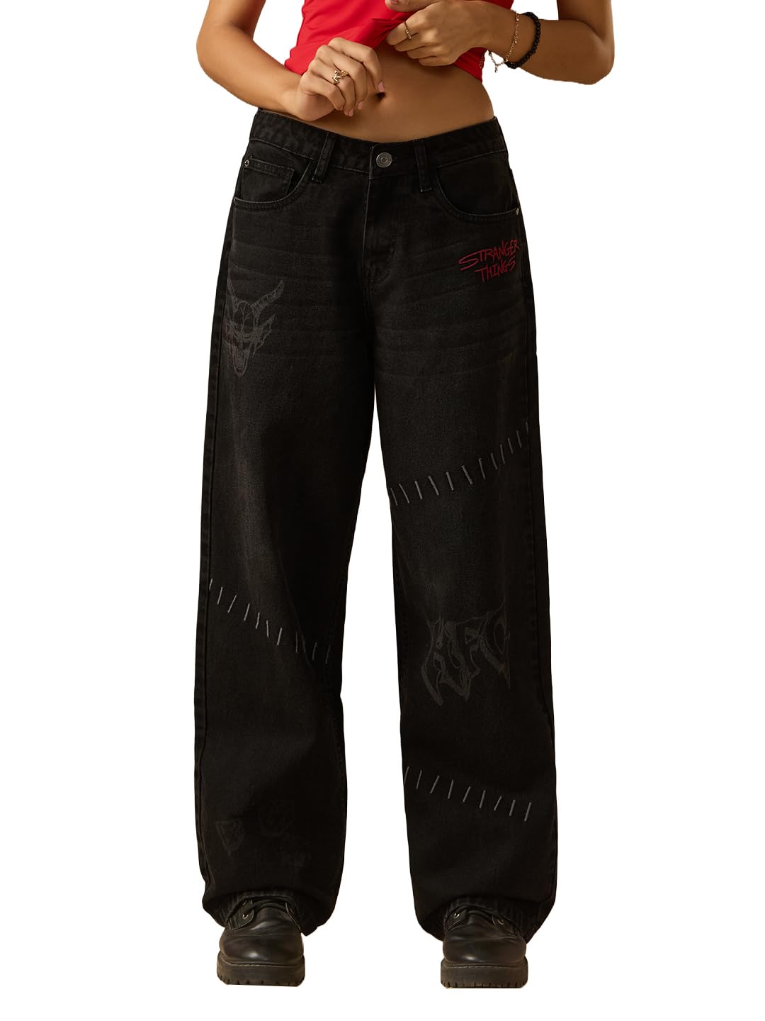 the souled store Stranger Things: Hellfire Club Women Zip Fly Black Washed Cotton Denim Baggy Fit Embroidered Full Length Five Pocket Lightweight All-Season Jeans-picture-39