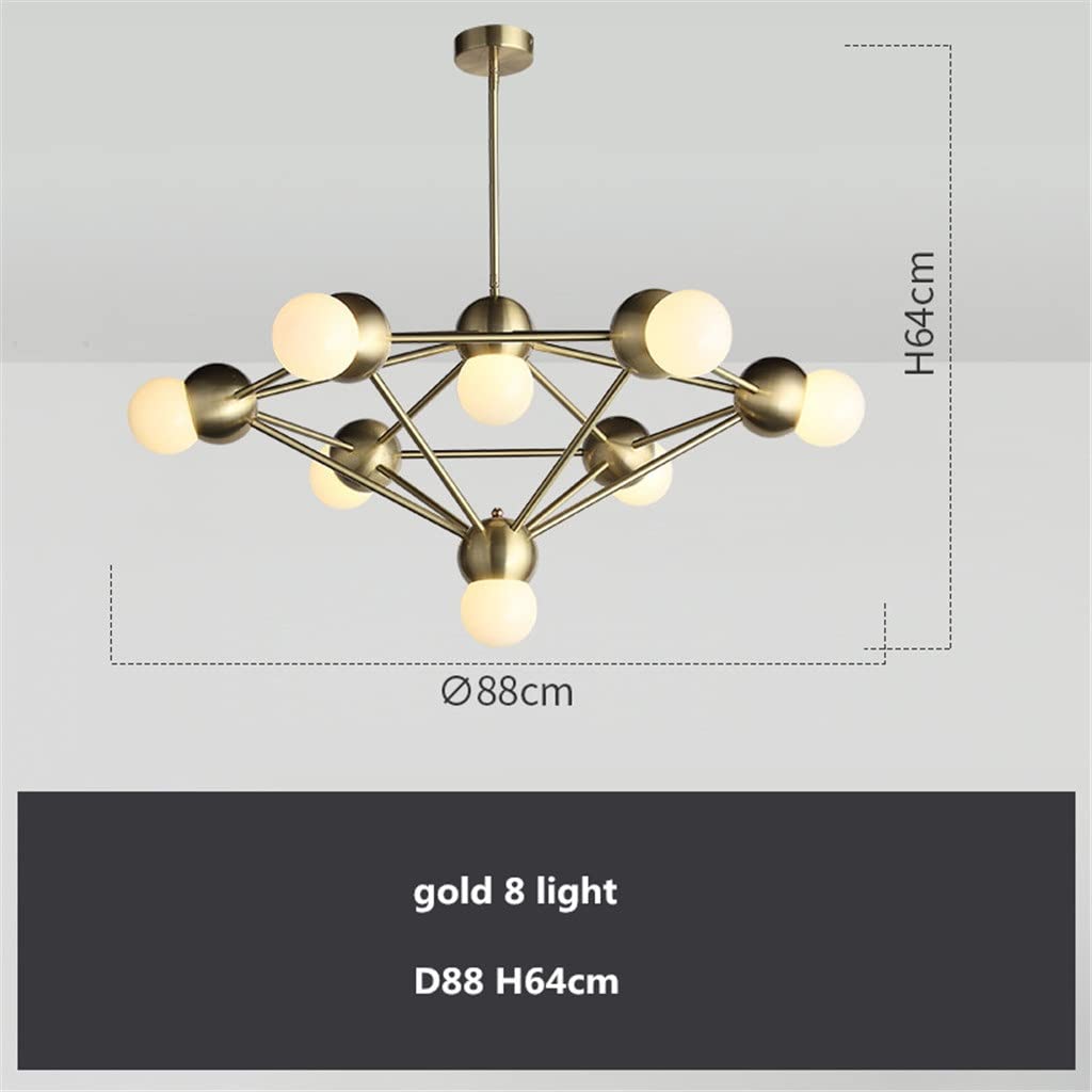 Nordic Copper E27 Led Żyrandol Sypialnia Nowoczesny Bursztynowy Szklany Żyrandol Sufitowy Oświetlenie Złote Lampy Sufitowe Led (Rozmiar: 8 Świateł D88 H64cm;), Żyrandol Sufitowy