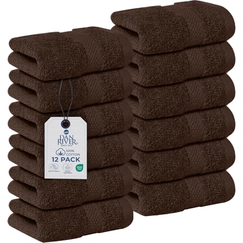 Image of DAN RIVER 12-Pack Premium 100% Cotton Brown Face Towels for Bathroom - Reusable Face Wash Cloths for Showering 12x12 Inches - 550 GSM Super Soft & Absorbent Luxury WashCloths for Body, Spa & Gym
