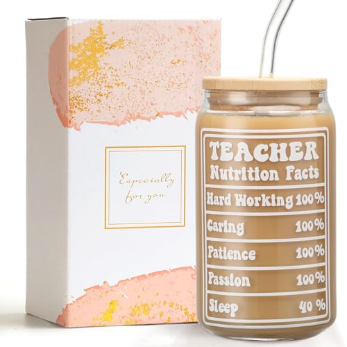 WODOHOLO Teacher Appreciation Gifts, 16oz Glass Cup with Straw and Lid, Teacher Gifts for Women,Teachers Appreciation Week,Birthday, Back To School,Retirement