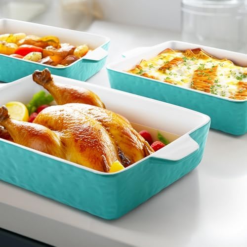 Casserole Dishes for Oven, Ceramic Baking Dishes, Lasagna Pan with Handles, Porcelain Baking Pan Deep, Bakeware for Baking, Cooking, Wedding Gift, Set of 3 (11.6" x 7.8", Aquamarine) - Thumbnail 5