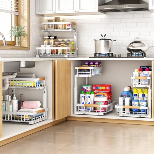 Pxrack UNDER SINK ORGANIZER Adjustable Height,2 Tier Pull Out Under Cabinet Organizer,Slide Out Thickened Metal Under Sink Storage thumb #5